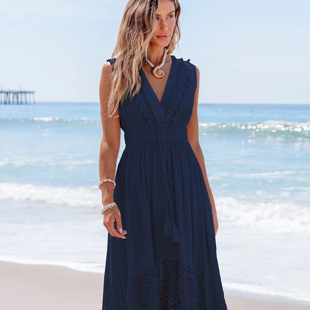 CUPSHE Contrast Lace Tassel Midi Dress • Size S • New with Tags • Navy